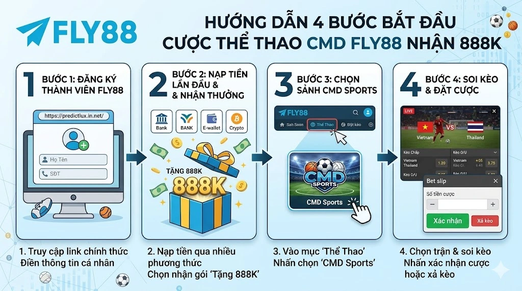 Hướng Dẫn 4 Bước Bắt Đầu Cược Thể Thao CMD Fly88 Nhận 888K